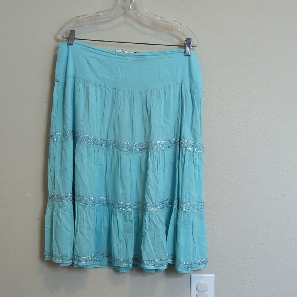 Cha Cha Vente Light Teal Tiered Midi Skirt With Silver Sequins